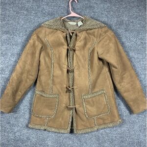 LL Bean Jacket Womens Medium Brown Faux Suede Leather Claw Toggle Outdoor Hooded